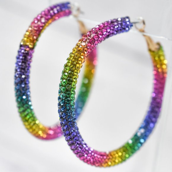2.25" Boho Multicolor Pave Rhinestone Hoop Earring - Picture 5 of 11
